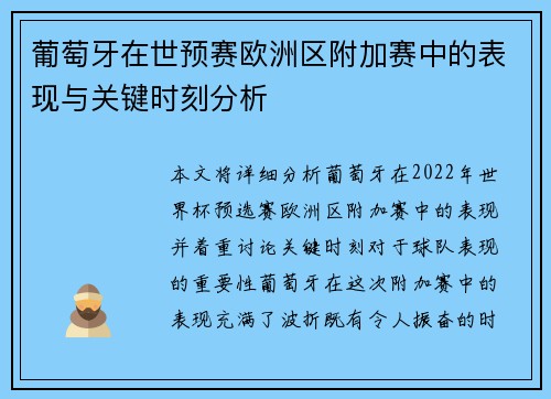 葡萄牙在世预赛欧洲区附加赛中的表现与关键时刻分析