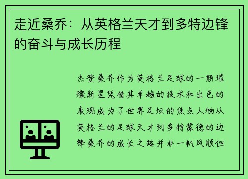 走近桑乔：从英格兰天才到多特边锋的奋斗与成长历程