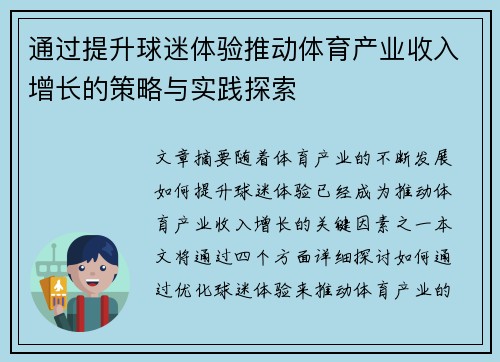 通过提升球迷体验推动体育产业收入增长的策略与实践探索